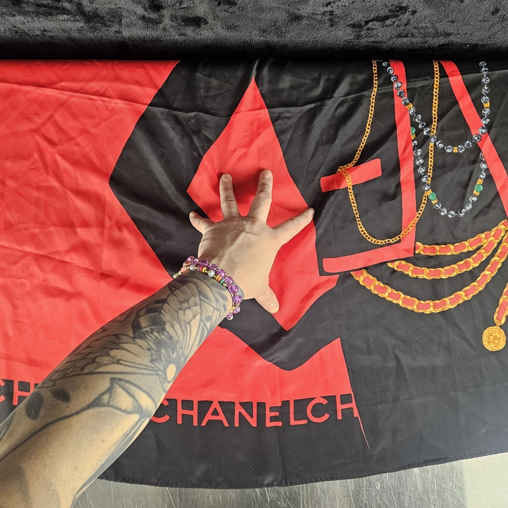 Chanel Red and Black Silk Scarf - Picture 8 of 9